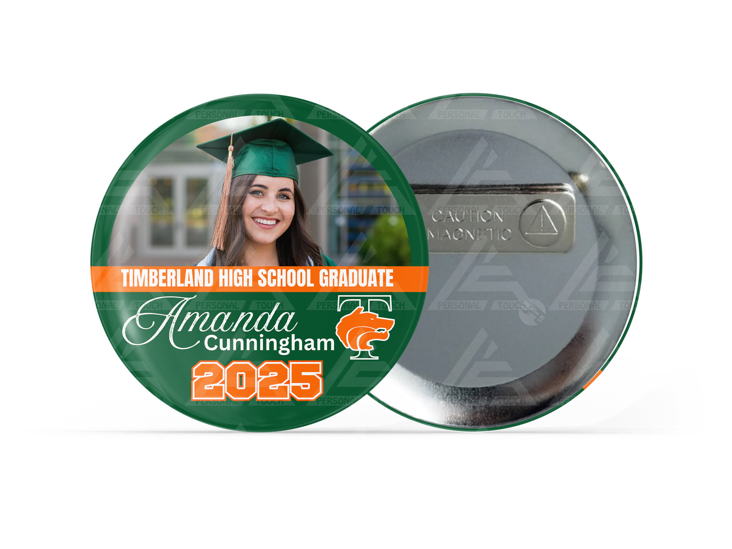 Graduation Half-Circle Badge Buttons (dark green/orange)