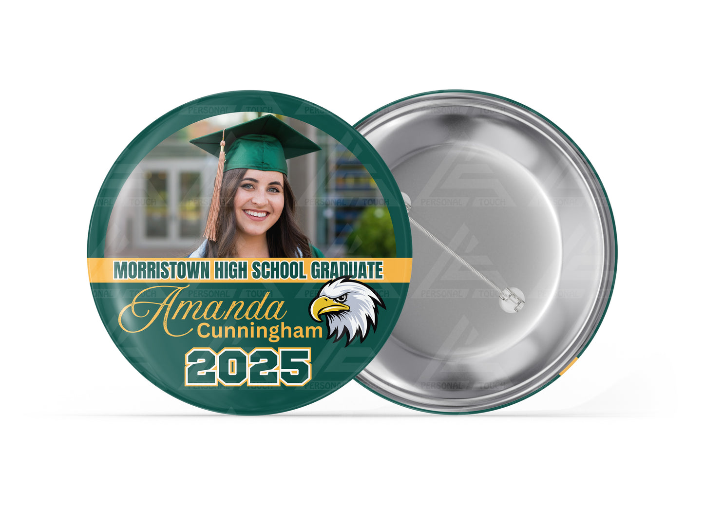 Graduation Half-Circle Badge Buttons (emerald/gold)