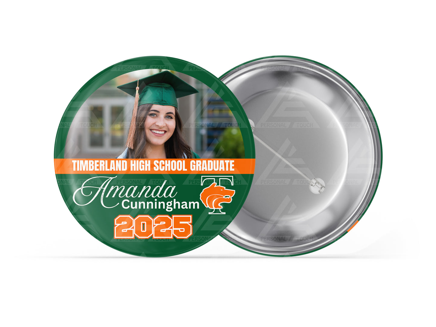 Graduation Half-Circle Badge Buttons (dark green/orange)