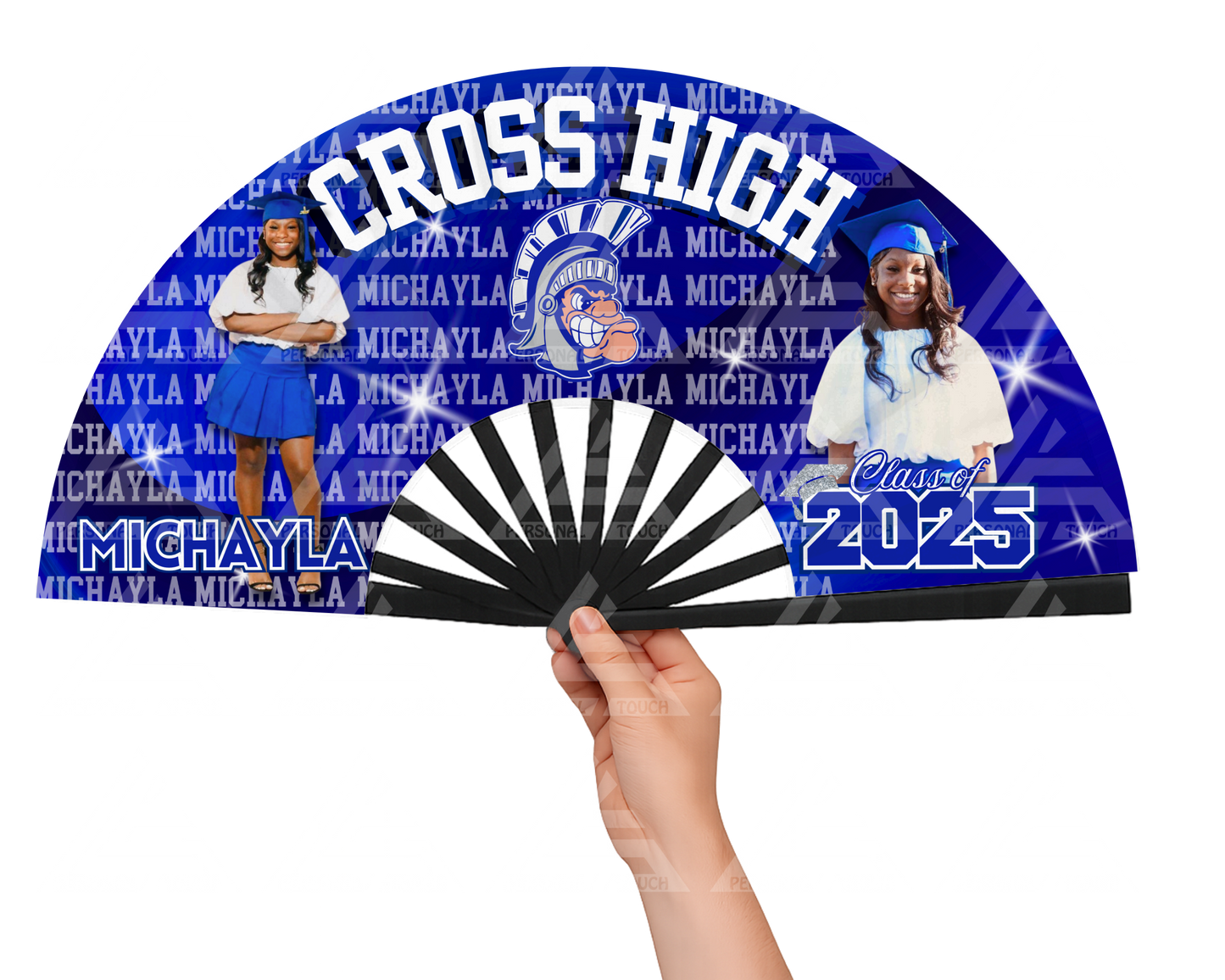 Graduation Clack Fan - Personalized Name Backdrop (Blue & White)