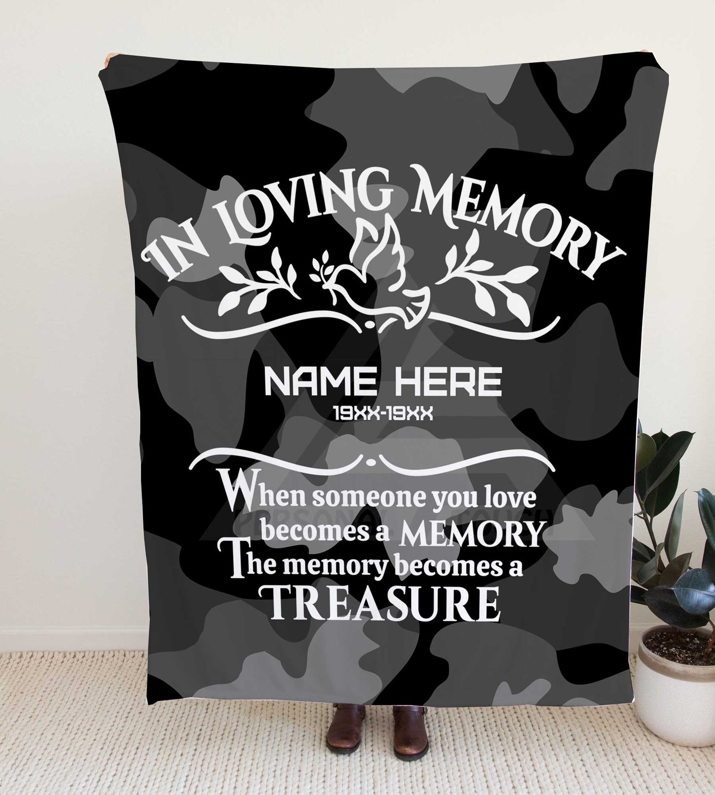 Camouflage "In Loving Memory" Memorial Throw Blanket
