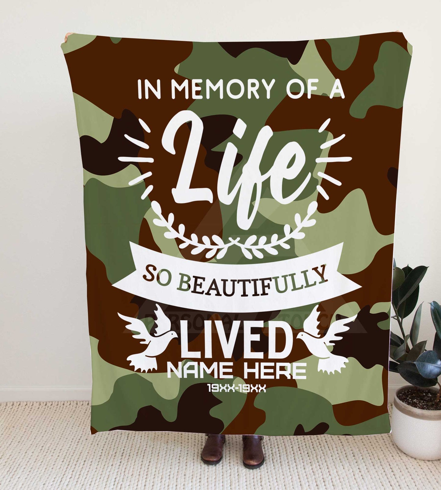 Camouflage "Live Beautifully Lived" Memorial Throw Blanket