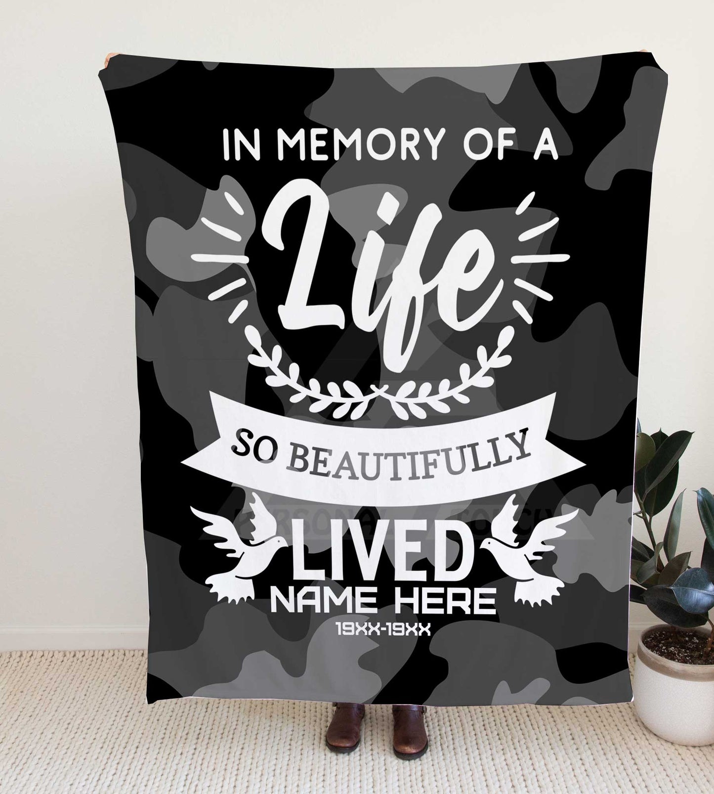 Camouflage "Live Beautifully Lived" Memorial Throw Blanket