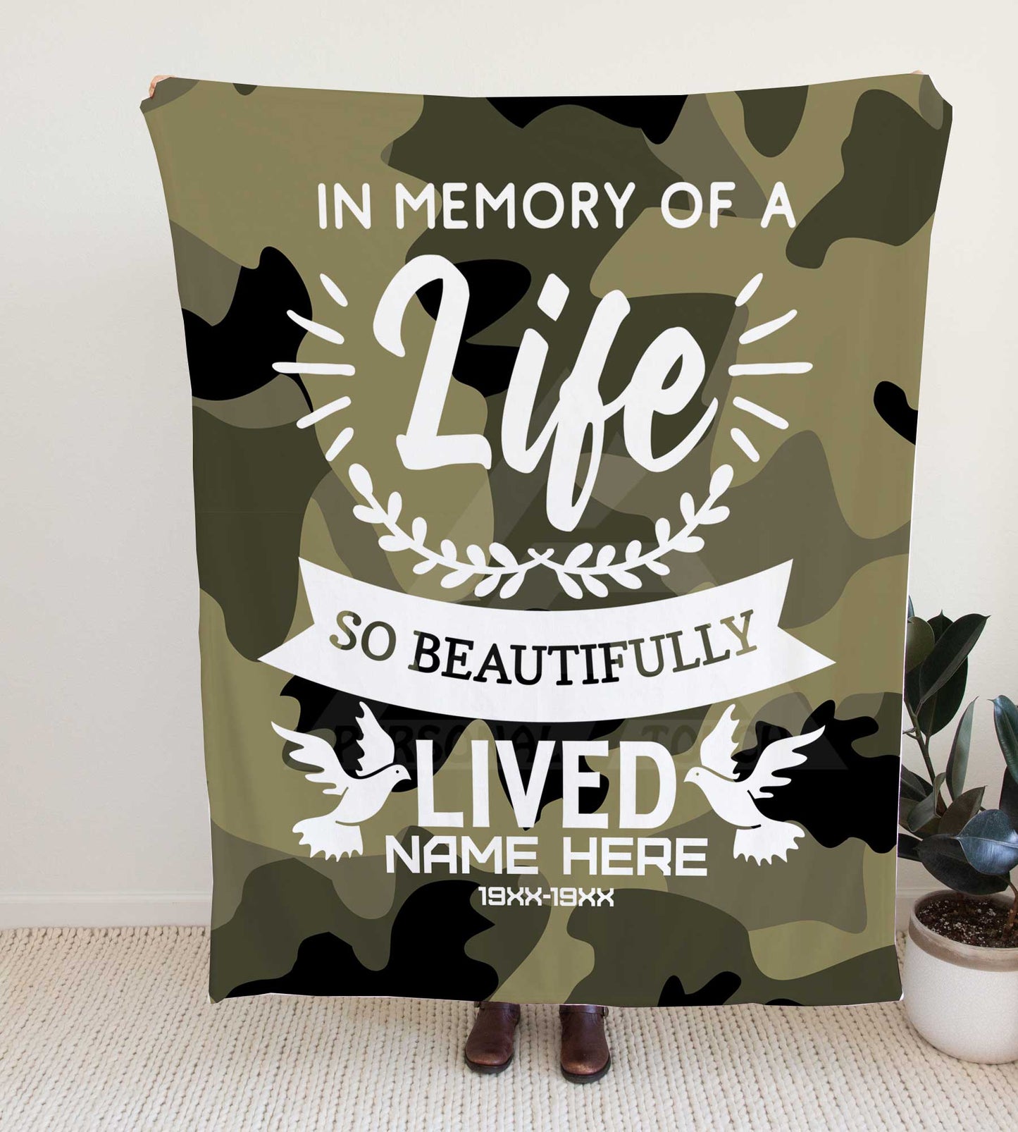 Camouflage "Live Beautifully Lived" Memorial Throw Blanket