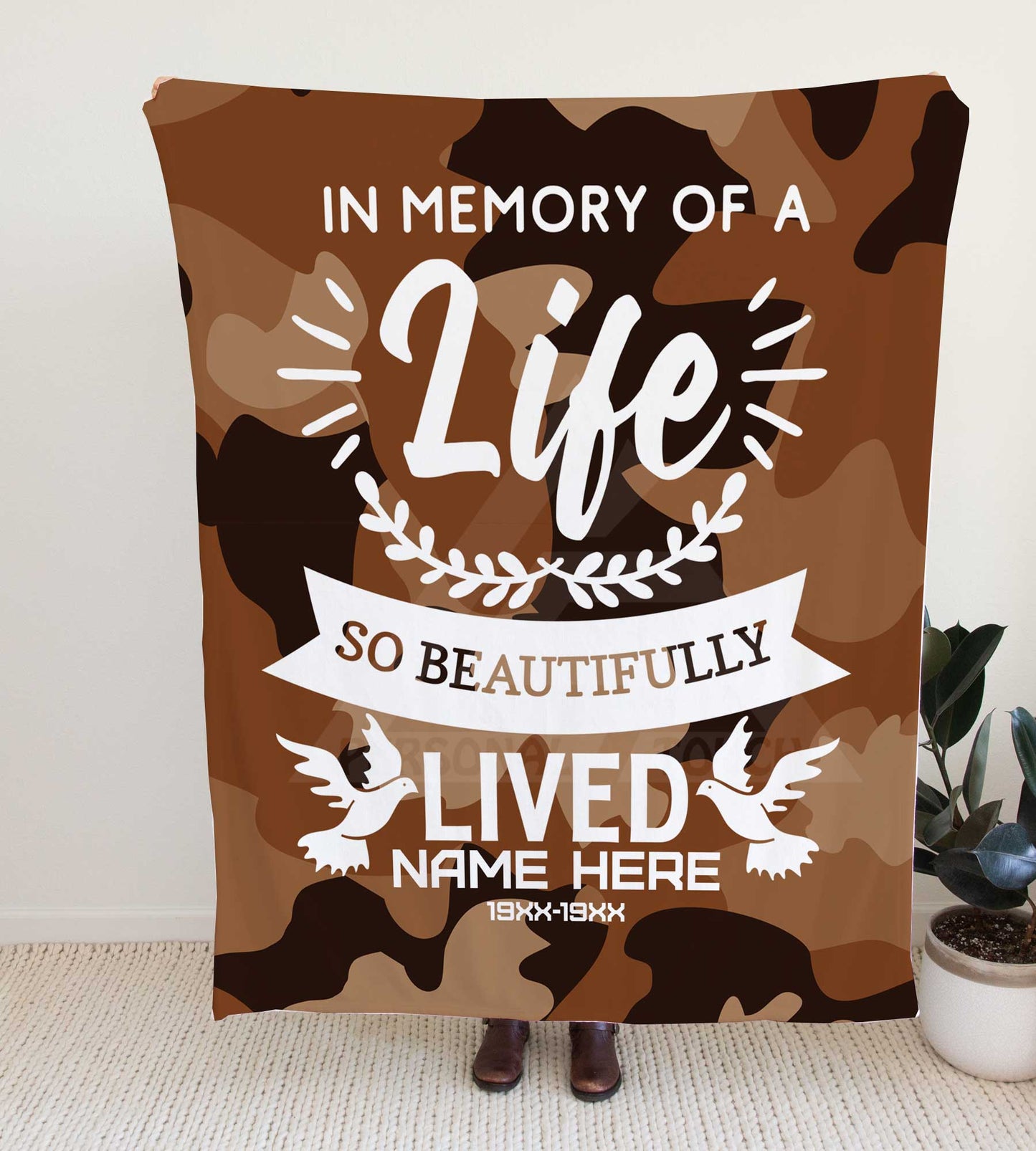 Camouflage "Live Beautifully Lived" Memorial Throw Blanket