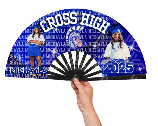 Graduation Clack Fan - Personalized Name Backdrop (Blue & White)