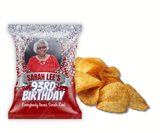 Personalized Silver & Red Glitter Birthday Potato Chip Bag