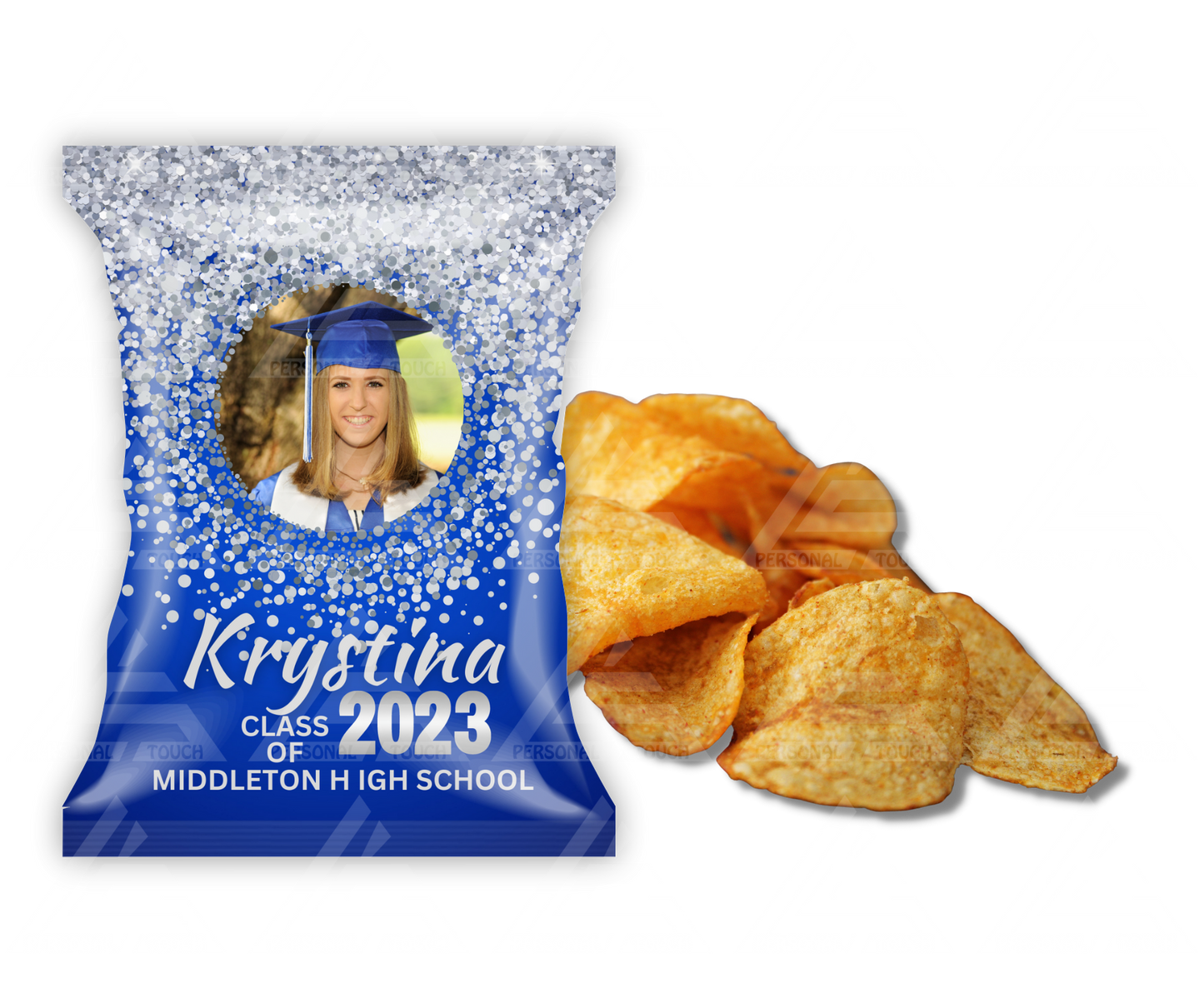 Personalized Graduation Silver & Royal Blue Potato Chip Party Favor