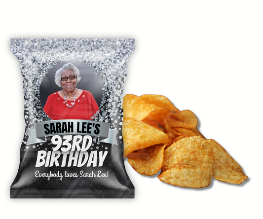 Personalized Silver & Black Glitter Birthday Potato Chip Party Favor