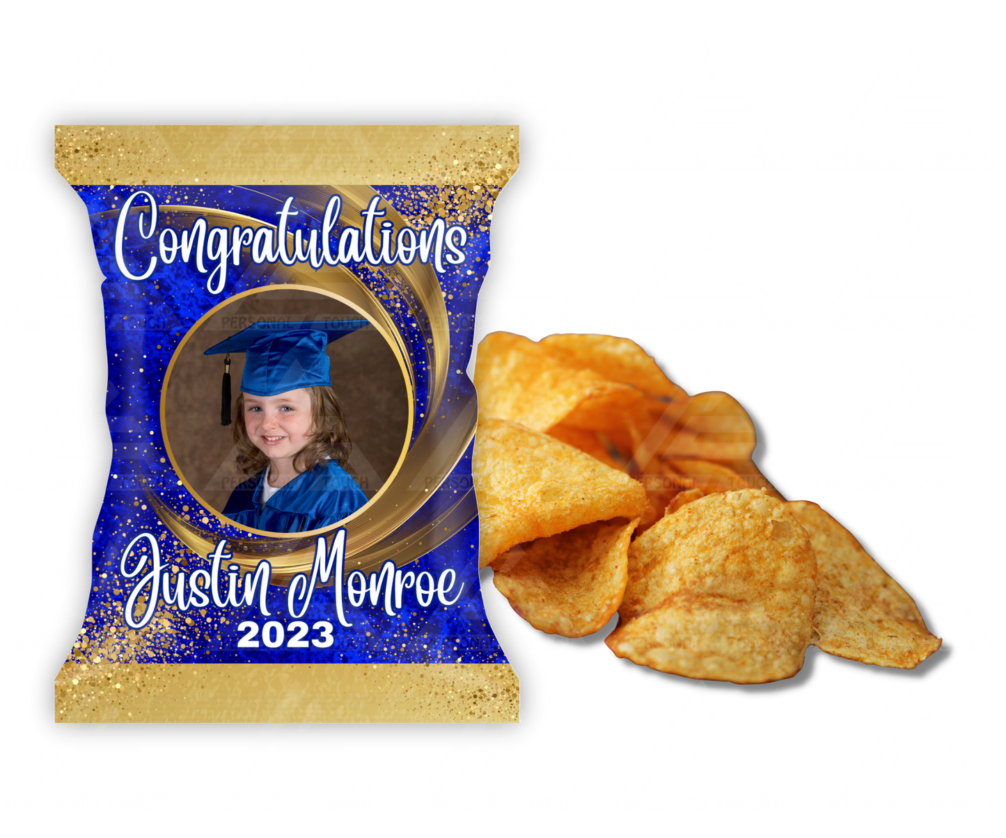 Personalized Graduation Blue & Gold Potato Chip Party Favor