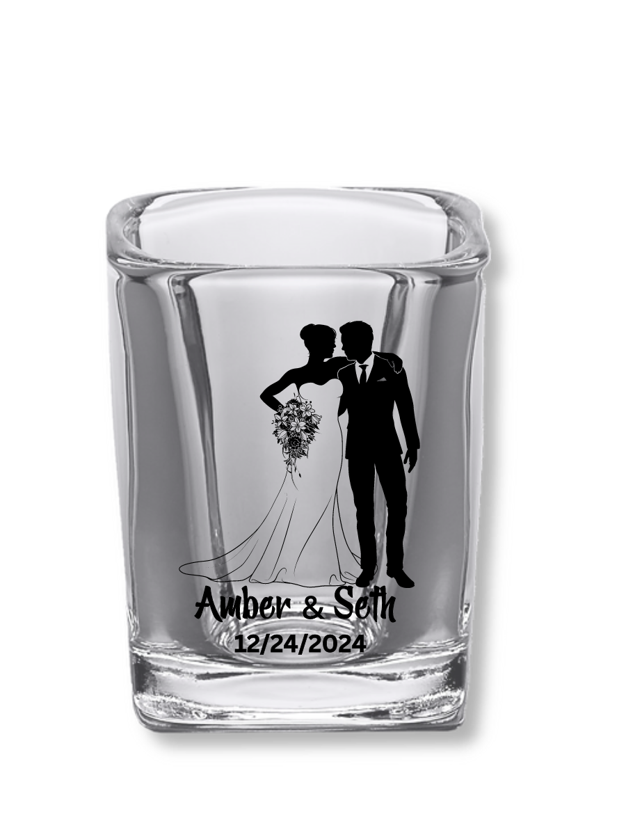 2.2 oz Square Clear Shot Glasses (Wedding Couple #3)