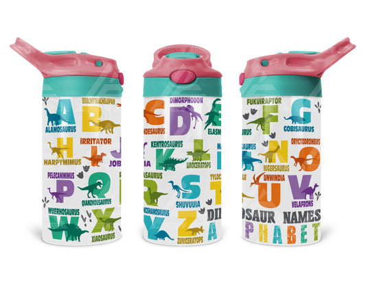 12 oz. Dinosaur Names Water Bottles (Fuchsia / Teal Handle)