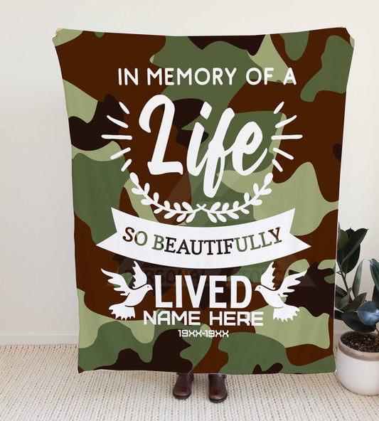 Camouflage "Live Beautifully Lived" Memorial Throw Blanket