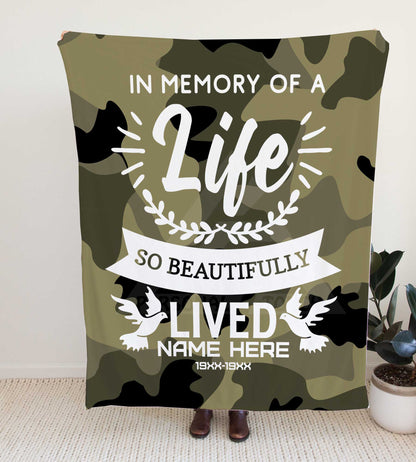 Camouflage "Live Beautifully Lived" Memorial Throw Blanket