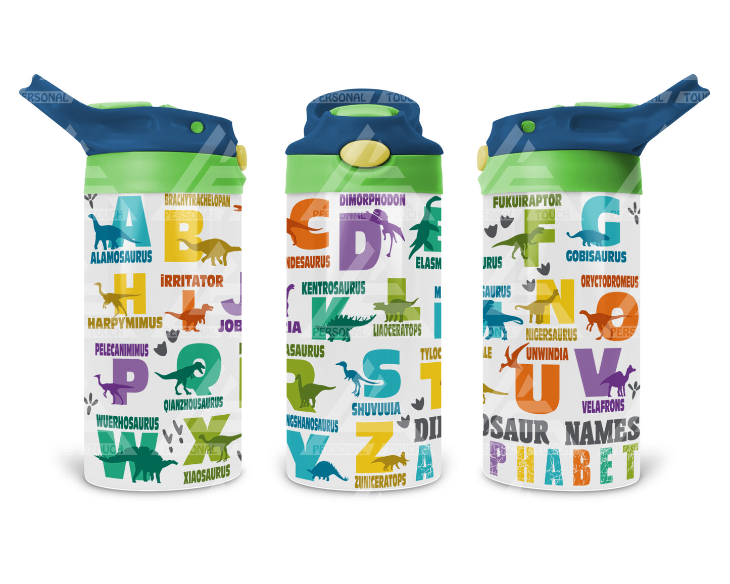 12 oz. Dinosaur Names Water Bottles (Navy / Green Handle)