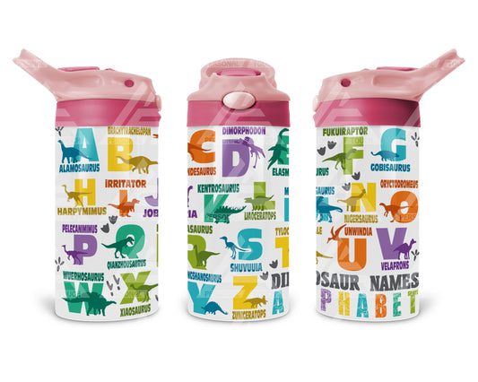 12 oz. Dinosaur Names Water Bottles (Pink /Fuchsia Handle)