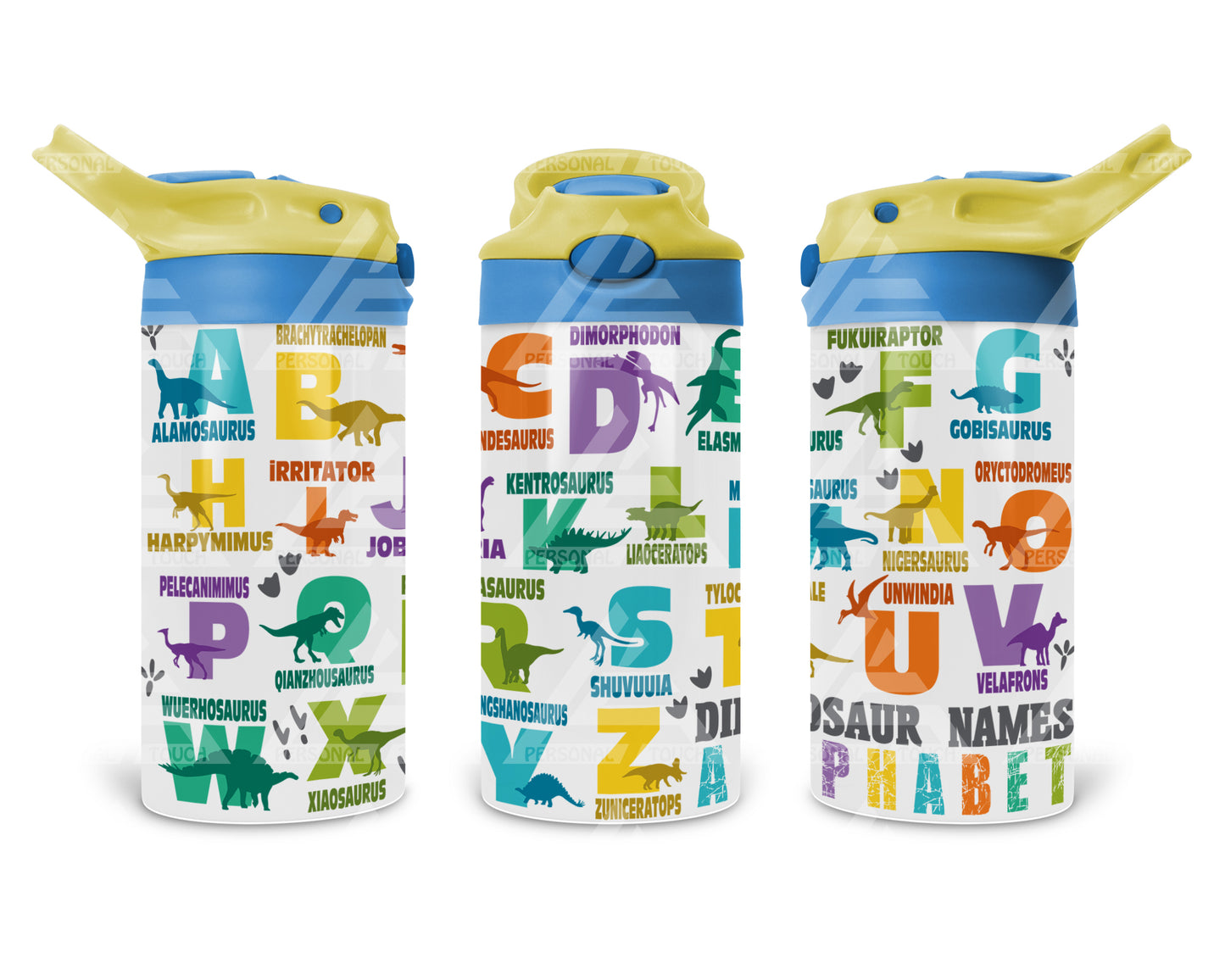 12 oz. Dinosaur Names Water Bottles (Yellow / Blue Handle)